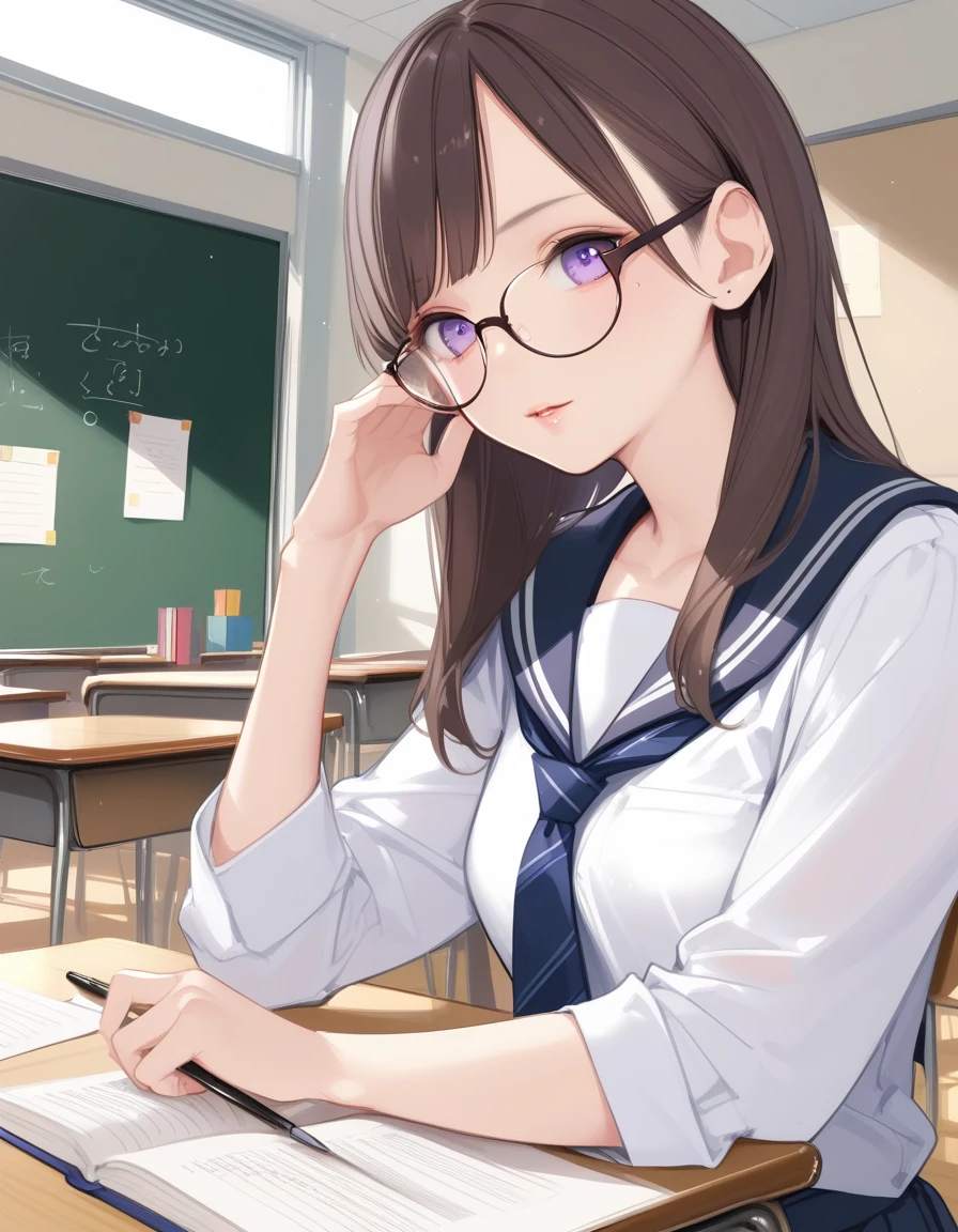 score_9,score_8_up,score_7_up,hd5,ama_mitsuki,1girl,thin,slim,skinny,upper body,brown hair,purple eyes,white serafuku,glasses,classroom,sideways glance,