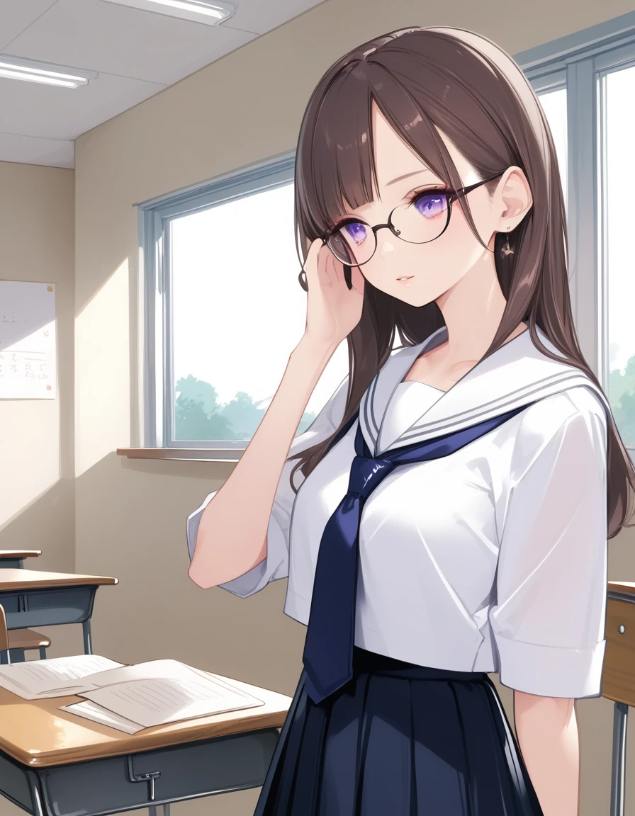 score_9,score_8_up,score_7_up,hd5,ama_mitsuki,1girl,thin,slim,skinny,upper body,brown hair,purple eyes,white serafuku,glasses,classroom,sideways glance,