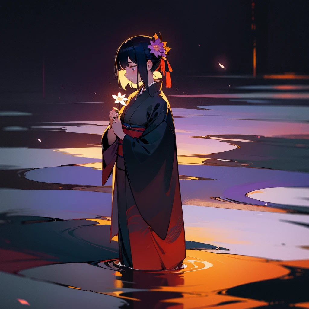 In the depths of darkness、A woman in a kimono standing quietly。In her hands、A single flower is embraced as it leaves its final rest.。The colour of the flower is vivid、Glowing faintly in the dark、Feel the disappearing life。Women's eyes、Between life and death, filled with sadness and despair.、She herself seems to be floating on the boundary between this world and the next.。The beautiful sight is、As if standing at the crossroads between an end and a new beginning、Trapped in a sad but fleeting time。Best image quality、Landscape painting