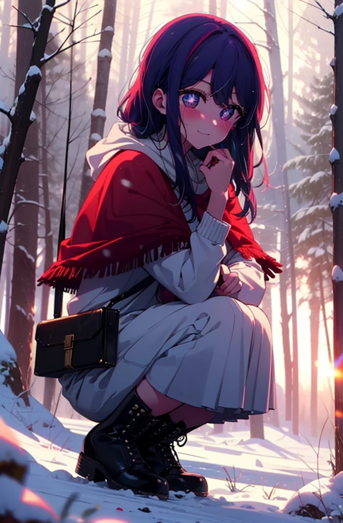 aihoshino, Ai Hoshino, Long Hair, bangs, (Purple eyes:1.1), Purple Hair, (Symbol-shaped pupil:1.5), smile,,smile,blush,White Breath,
Open your mouth,snow,Ground bonfire, Outdoor, boots, snowing, From the side, wood, suitcase, Cape, Blurred, , forest, White handbag, nature,  Squat, Mouth closed, Cape, winter, Written boundary depth, Black shoes, red Cape break looking at viewer, Upper Body, whole body, break Outdoor, forest, nature, break (masterpiece:1.2), Highest quality, High resolution, unity 8k wallpaper, (shape:0.8), (Beautiful and beautiful eyes:1.6), Highly detailed face, Perfect lighting, Highly detailed CG, (Perfect hands, Perfect Anatomy),