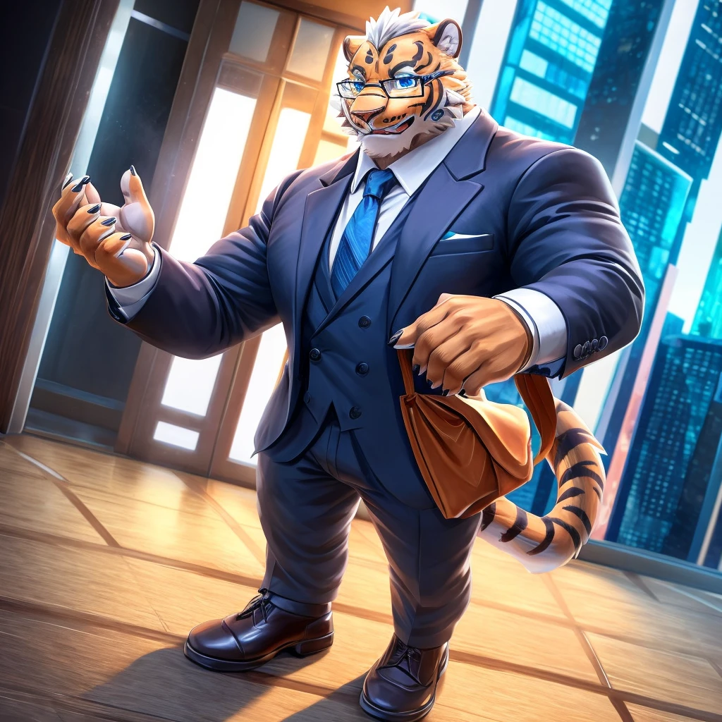 Lin Hu,Blue eyes,Positive angle,Strong body,Wear half-rimmed glasses ,Suit,Five fingers five fingers,Best quality,Best quality,8K,HD,There is only one character on the screen,Full body pictureFull body pictureFull body pictureFull body pictureFull body picture