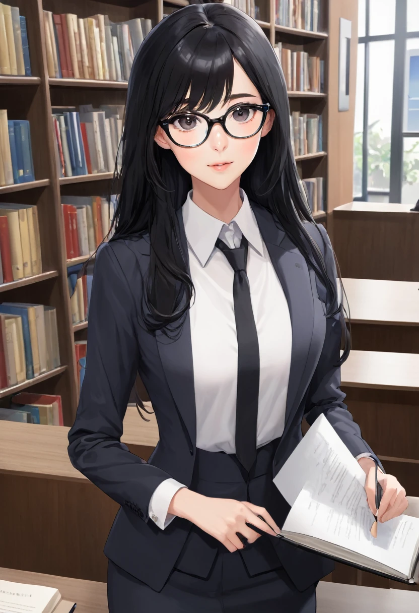 high quality、high resolution、８K、Adult women、libraryscrivener、Black Hair、long hair、Dark Eyes、Black-rimmed glasses、In a suit、career woman、library、Receptionist、scrivener、Beauty、