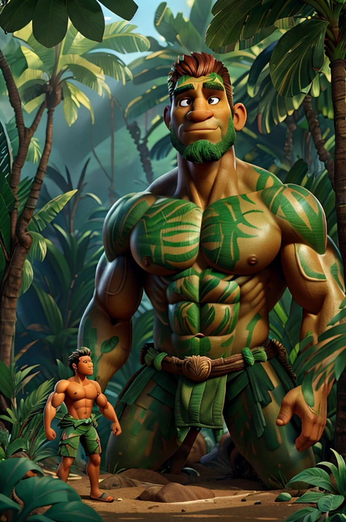 a giant muscular jungle man, extremely detailed face and body, huge bulging veiny muscles, ripped abs, powerful stance, intense facial expression, jungle environment, lush foliage, tropical plants, sunlight filtering through leaves, photorealistic, cinematic lighting, high contrast, rich color palette, dramatic shadows
