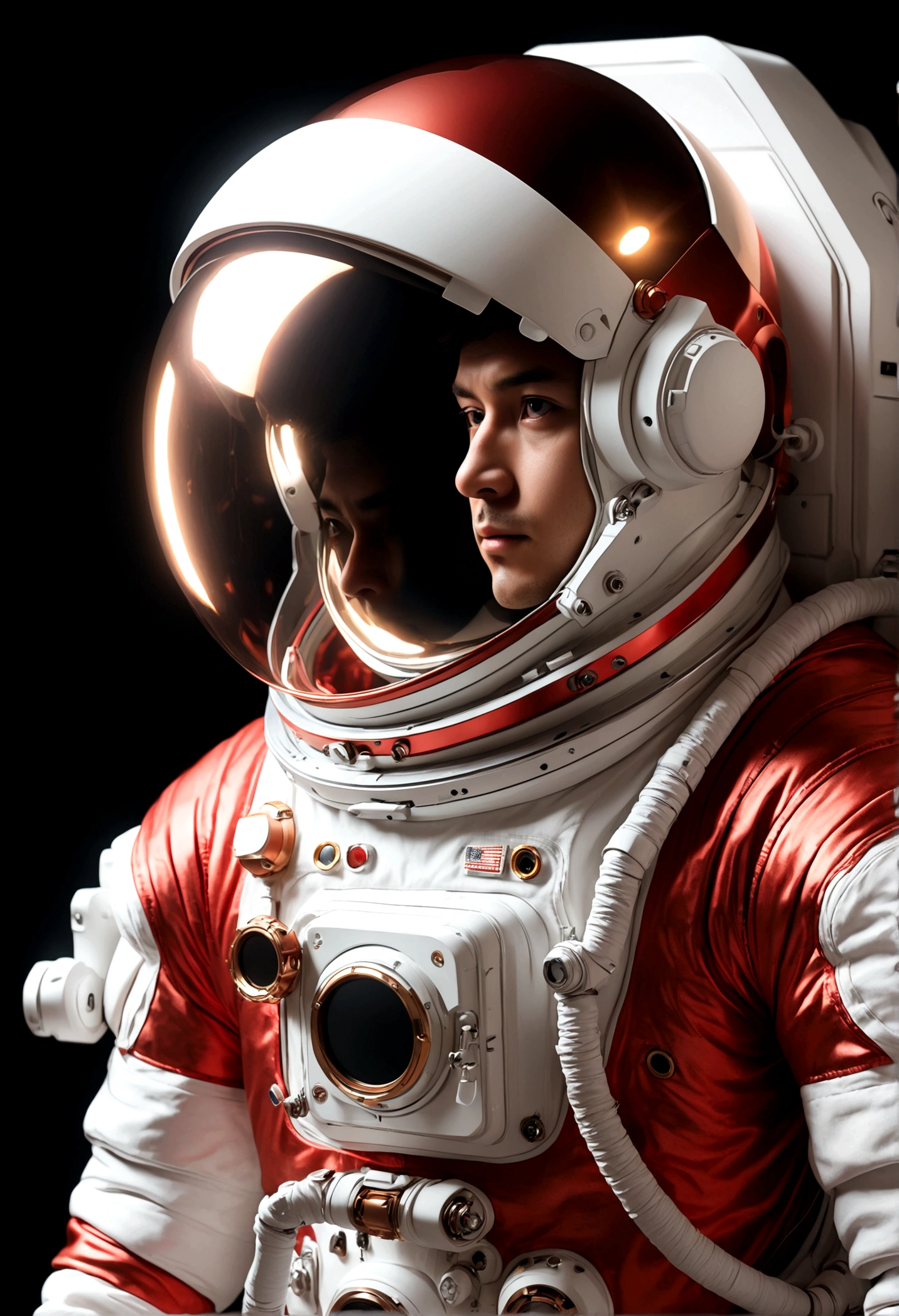 The astronaut is a 30-year-old man.., white and red metallic clothing, cinematic, picture 촬영, half backlight, back light, dramatic lighting , incandescent light, soft lighting, Incredibly detailed and complex, hyper maximalist, Art, elegant pose, dynamic, picture, volume , very detailed, intricate details, Gwise의 very detailed 걸작, future environment