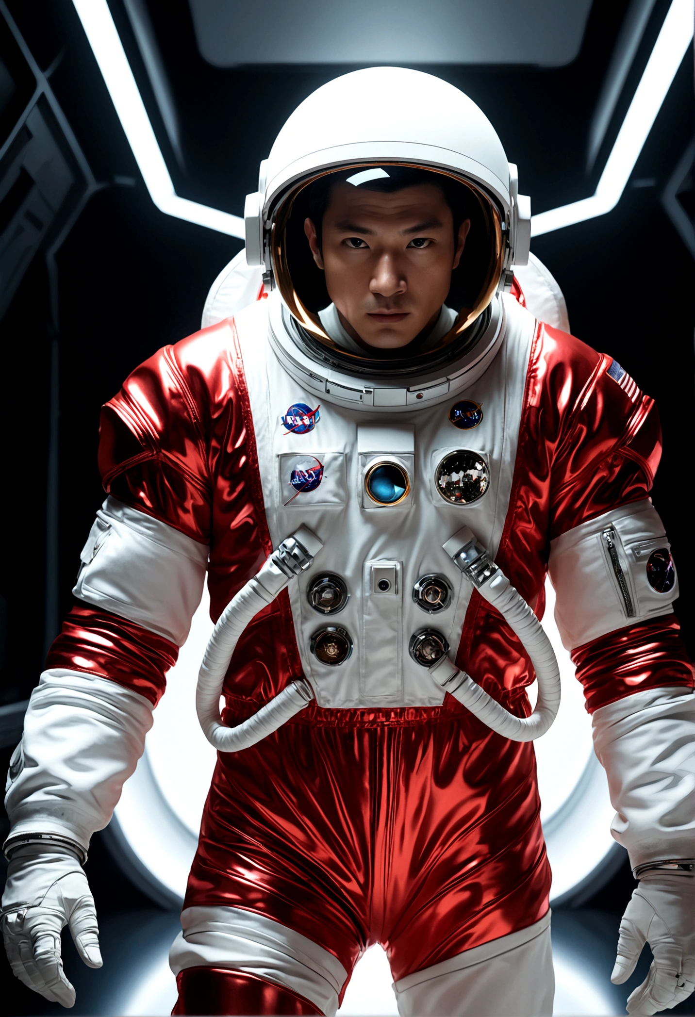 The astronaut is a 30-year-old man.., white and red metallic clothing, cinematic, picture 촬영, half backlight, back light, dramatic lighting , incandescent light, soft lighting, Incredibly detailed and complex, hyper maximalist, Art, elegant pose, dynamic, picture, volume , very detailed, intricate details, Gwise의 very detailed 걸작, future environment