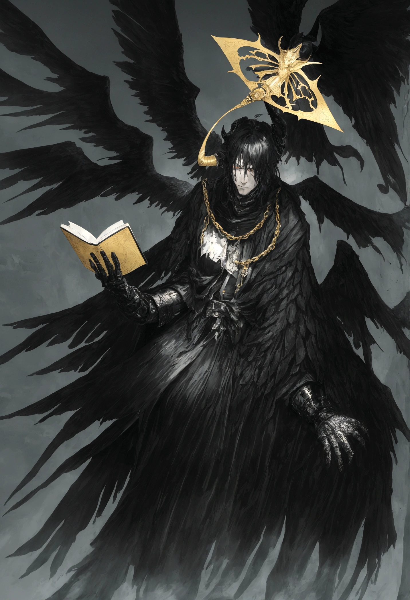 work of art:1.2, best qualityer, ultra detaild, mascle, focused, human face, masculine face, man's face, black horns, celestial demon wizard, Youngh, serious, chilly, horns on her head and a shining golden halo behind her symbolizing her celestial and demonic duality, two large black wings that combine bright plumes with a dark and threatening appearance, black hair, kentaro miura style, fancy, Sci-fi, light background, a painting of a man in a black robe sitting in a wheelchair, holding an open ancient magical book, Dress him in dark, majestic robes with golden details, black hair, dark haired, demonic angel, black feathers, big black wings, standing alone, inspired by Edmundo Blampied, inspired by Nicola Samori, inspired by Pietro Longhi, by Nicola Samori, by Edmundo Blampied, Direction: Stephen Gammell, Estilo Stephen Gammell, sinister figure in the background, Direction: Leonaert Bramer, Direction: Johann Kaspar Füssli .