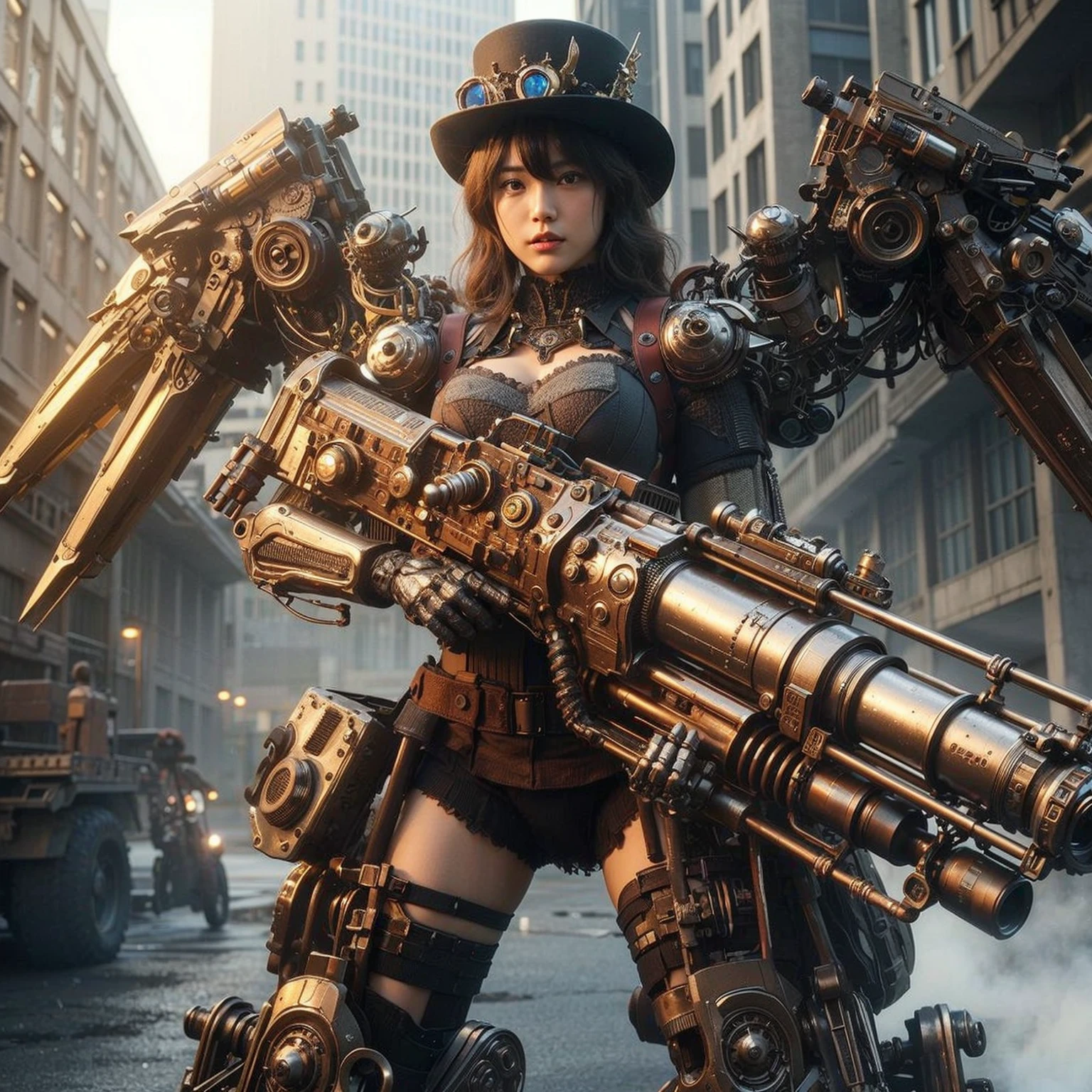 superrealism, ultra high res,8k,(Photorealsitic:1.4), (crab-like mechanical suit:1.2), designed by Hajime Katoki,heavy weapons,vivid textures,animal legs, gradation hair, japanese female soldier,(ultra beautiful face),((super realistic all textures)), ((super intricate all details)), Realistic detail enhancement like Magnific AI, full body shot, ultra sharp photo result, Acrylic Clear Cover, Hydraulic cylinder, style, taken with Fuji film X-T30+Nokton. HDR10,Minimum of 4 pieces created