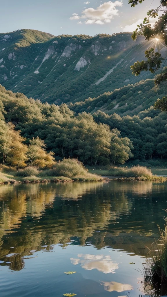 A tranquil alpine lake surrounded by lush green vegetation. The waters of the lake are clear and crystalline, reflecting the blue sky and a few white clouds. In the background, gentle hills covered with trees sway slightly in the wind. On the shores of the lake, some smooth rocks and blooming bushes add a touch of color. A few people can be seen in the distance, perhaps in a canoe or sitting on a picnic blanket, enjoying the scenery. The sunset light bathes the landscape in warm golden hues, creating a serene and relaxing atmosphere. Realistic details capture the essence of unspoiled nature and the beauty of a peaceful outdoor moment