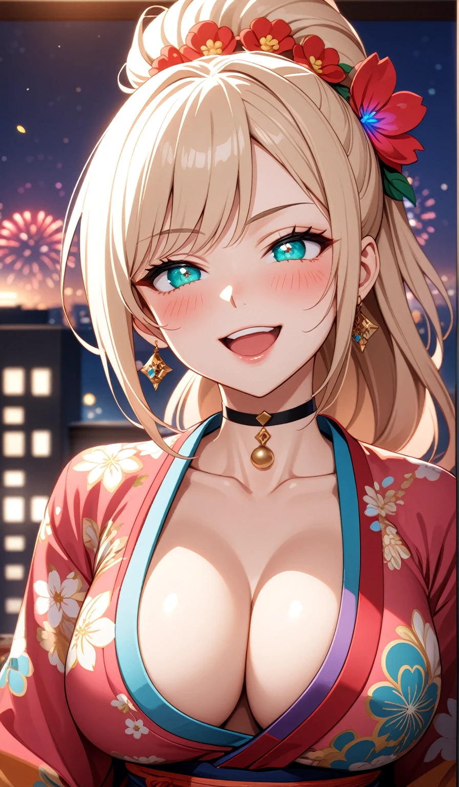 ((One personの女性)), Beautiful Face, ((looking outside)),Laughing embarrassedly,((Wink:1.9)),Laugh with your mouth wide open((Bright red cheeks:1.4)),Glossy pink lips,night,rooftop,Festive decorations,You can see the ocean, firework,Laughing with your mouth open,Glossy pink lips,Lighting on the face,((Anime style background)),masterpiece, Highest quality, so beautiful,Latest, Complex details, (Pink long nails),(ring),(bracelet),(choker),AI-generated, Complex,High resolution, Highest quality, super high quality,3D Images、3D Images,One person,Long blonde hair,High Ponytail,(Turquoise Eyes),Anime woman posing for a photo, ((Fine grain、Colorful Eyes、Shining Eyes:1.4)),(Squint your eyes:1.1),a hyperRealistic , hyperRealistic , Realistic,Anime woman with long and white hair, Smooth anime CG art, A woman in a colorful kimono with gold embroidery, (Pink long sleeve kimono),Red floral pattern,Long flower hair ornament,big floral earrings,Mature Body,(Big Breasts:1.1),Tall,Abdominal muscles,Narrow waist,(Zoom in on face:1.6),Shooting from below at an angle