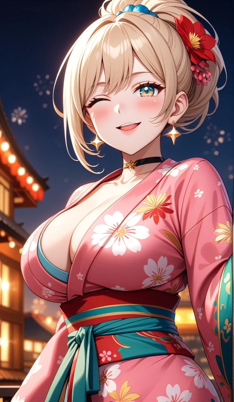 ((One personの女性)), Beautiful Face, ((looking outside)),Laughing embarrassedly,((Wink:1.9)),Laugh with your mouth wide open((Bright red cheeks:1.4)),Glossy pink lips,night,rooftop,Festive decorations,You can see the ocean, firework,Laughing with your mouth open,Glossy pink lips,Lighting on the face,((Anime style background)),masterpiece, Highest quality, so beautiful,Latest, Complex details, (Pink long nails),(ring),(bracelet),(choker),AI-generated, Complex,High resolution, Highest quality, super high quality,3D Images、3D Images,One person,Long blonde hair,High Ponytail,(Turquoise Eyes),Anime woman posing for a photo, ((Fine grain、Colorful Eyes、Shining Eyes:1.4)),(Squint your eyes:1.1),a hyperRealistic , hyperRealistic , Realistic,Anime woman with long and white hair, Smooth anime CG art, A woman in a colorful kimono with gold embroidery, (Pink long sleeve kimono),Red floral pattern,Long flower hair ornament,big floral earrings, Body,(Big BrTall,Abdominal muscles,Narrow waist,(Zoom in on face:1.6),Shooting from below at an angle