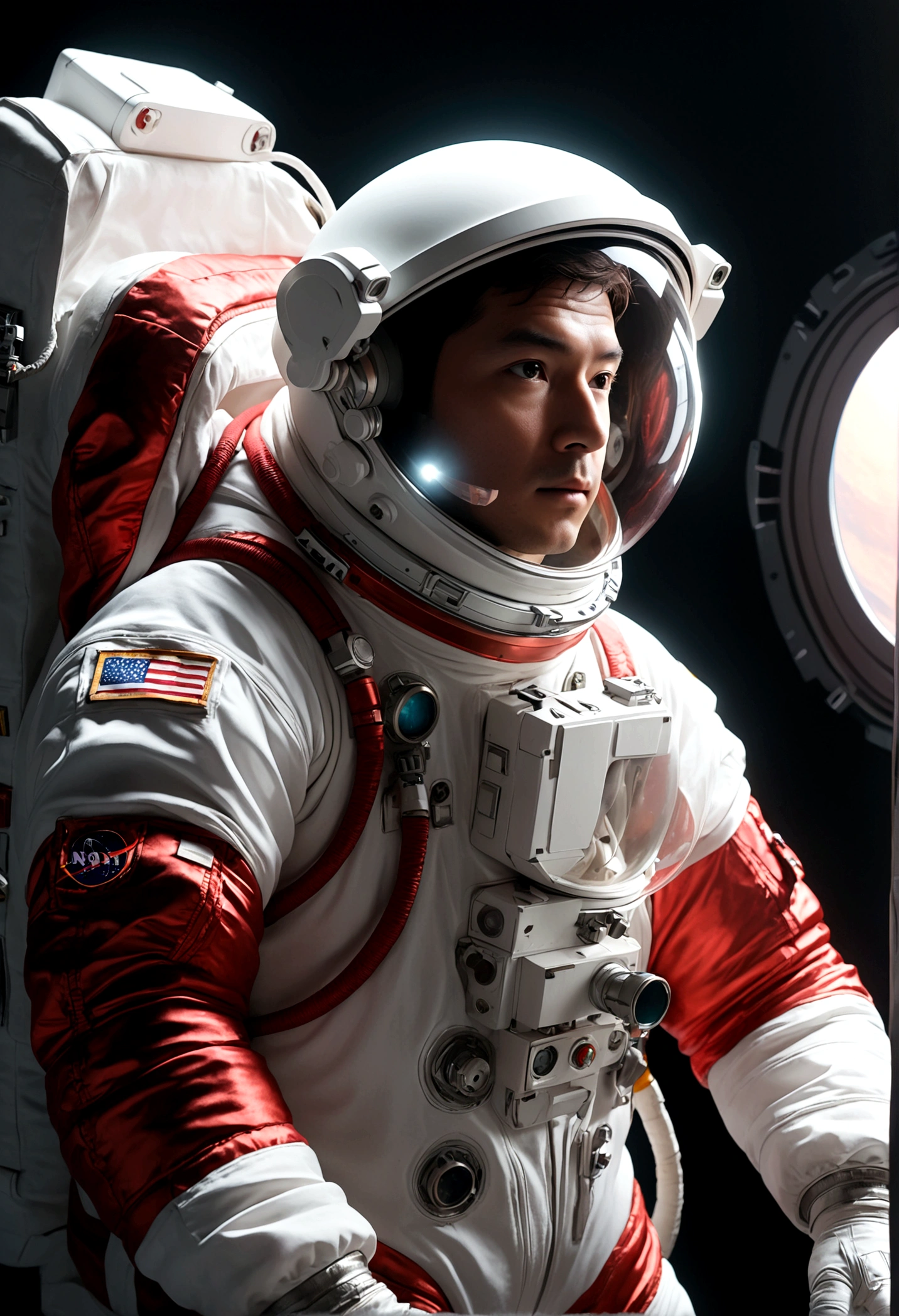The astronaut is a 30-year-old man.., white and red metallic clothing, cinematic, picture 촬영, half backlight, back light, dramatic lighting , incandescent light, soft lighting, Incredibly detailed and complex, hyper maximalist, Art, elegant pose, dynamic, picture, volume , very detailed, intricate details, Gwise의 very detailed 걸작, future environment