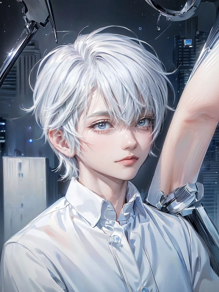 ((4K works))、masterpiece、(top-quality)、One beautiful boy、Slim body、tall、((White Y-shirt and white pants、Charming British knight style))、(Detailed beautiful eyes)、brilliant eyes, tears, Dark Night City、((City under the stars))、Fantastic city at midnight、((Face similar to Carly Rae Jepsen))、((Short-haired white hair))、((Smaller face))、((Neutral face))、((Bright blue eyes))、((American adult male))、((Adult male 26 years old))、((Cool Men))、((Like a celebrity))、((Crying expression))、((sad look))、((Korean Makeup))、((elongated and sharp eyes))、((Happy dating))、((boyish))、((Upper body photography))、Professional Photos、((Shot alone))、((She is looking up at the sky under the roof))、((Shot from the side))、((Crying profile))、((Face crying in pain))、((He is looking upwards))、((His eyes are looking down))、((He stands next to the viewer))、((He who cries))、I'm crying on a stick.、Man crying while standing、Solitude、saddened、desolate、suffocating、heartbreaking、auw、Tears dripping on the cheeks