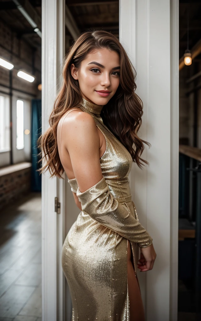 22-year-old woman, an elegant appearance. The 22-year-old model poses in the front of a industrial loft. Es ist nacht und dunkel drausen, die beleuchtung der skyline sieht man durch das fenster. My brown hair falls in long waves over my shoulders and hangs down at the sides of my breasts, frames my face and highlights my green eyes. My full, red lips are shaped into a smile. My snub nose is covered with freckles, which contrast with my tanned skin. My eyebrows are thick and dark, gives me a seductive look. My cheekbones are high and defined, and my eyelashes are long and curved. shows my curves. Her pose is elegant and relaxed, with the body facing the camera, Face turned to the side. the model wears a sparkly g highneck gown. Ihr Haar ist offen and her makeup is light and natural. The shot is far away from the model, with the camera positioned slightly lower, to highlight their beauty. there is a vintage film atmosphere, she laughs and smiles . she seems happy. she has white teeth. hands not in picture. Iphone13 quality