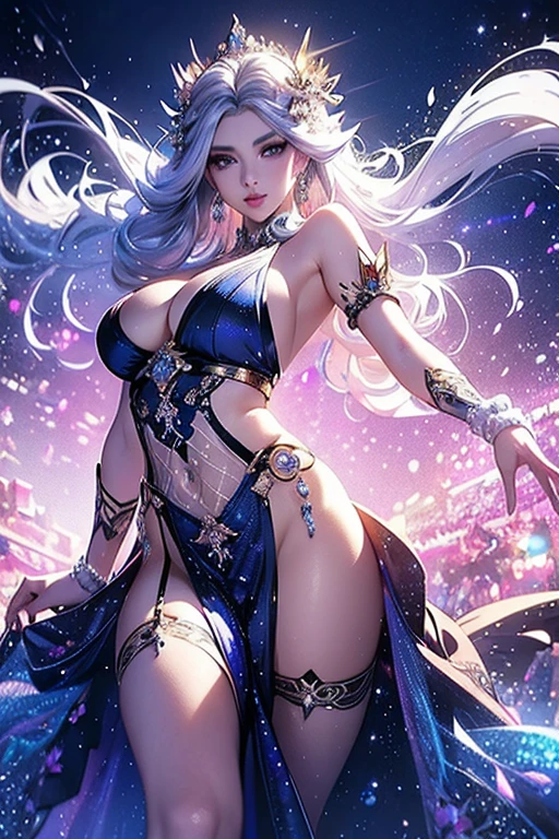 ((masterpiece)), ((best quality)), (ultra-detailed), ((extremely detailed)), 4K, (8K), best quality, (beautiful),anime style、((Elven 30 years old mature bewitching woman)),beautiful blue eyes、Curvaceous、Waist tightness、huge pointy breasts,Erect nipples,large areolae,Big Ass、Ultra-fine shining hair,absurdly long hair、Sparkling pearl white hair,blush,((See-through obscene dress with glittering embellishments with a large slit:1.1))、(garter stockings),Wearing luxurious accessories、Gorgeous hair ornament、(fur shawl)、thong、thick lips、pink lip,light makeup,eyeliner,cheek,tareme,Seductive lips,((night:1.1)),((ecstasy face:1.2)),((elegant bedroom:1.1)),(((dynamic pose:1.2)))