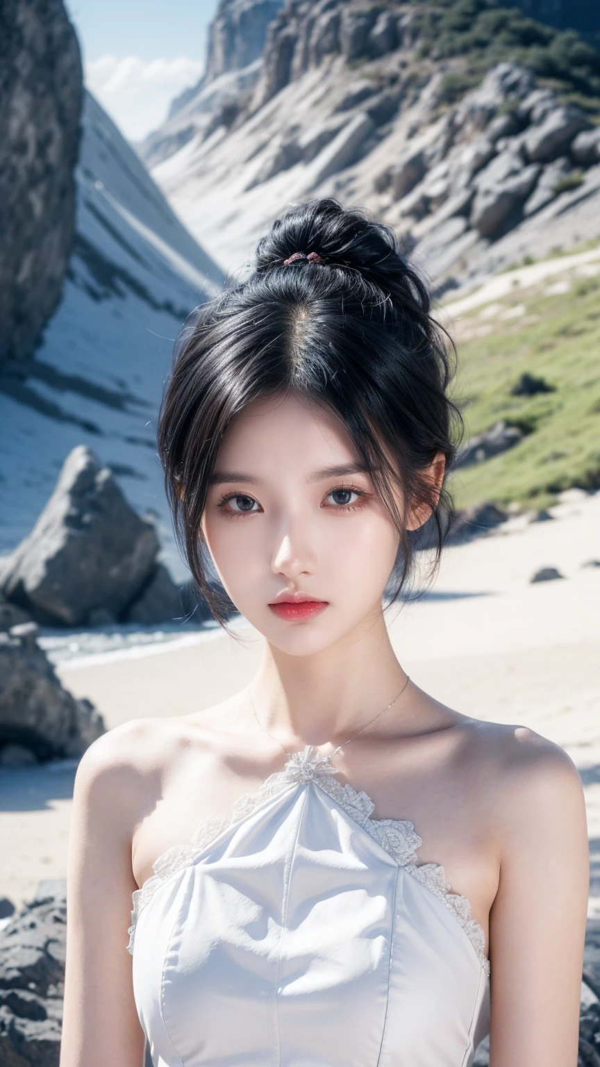 best quality, 1 Girl, dark blue hair, black eyes, Very short hair, Spiky hair, wears sweet white dress luxury，A cropped dress, 171 cm, Messy hair, Hair between the eyes, Tomboy, aldult, 20 years old, A sweet girl by the mountain