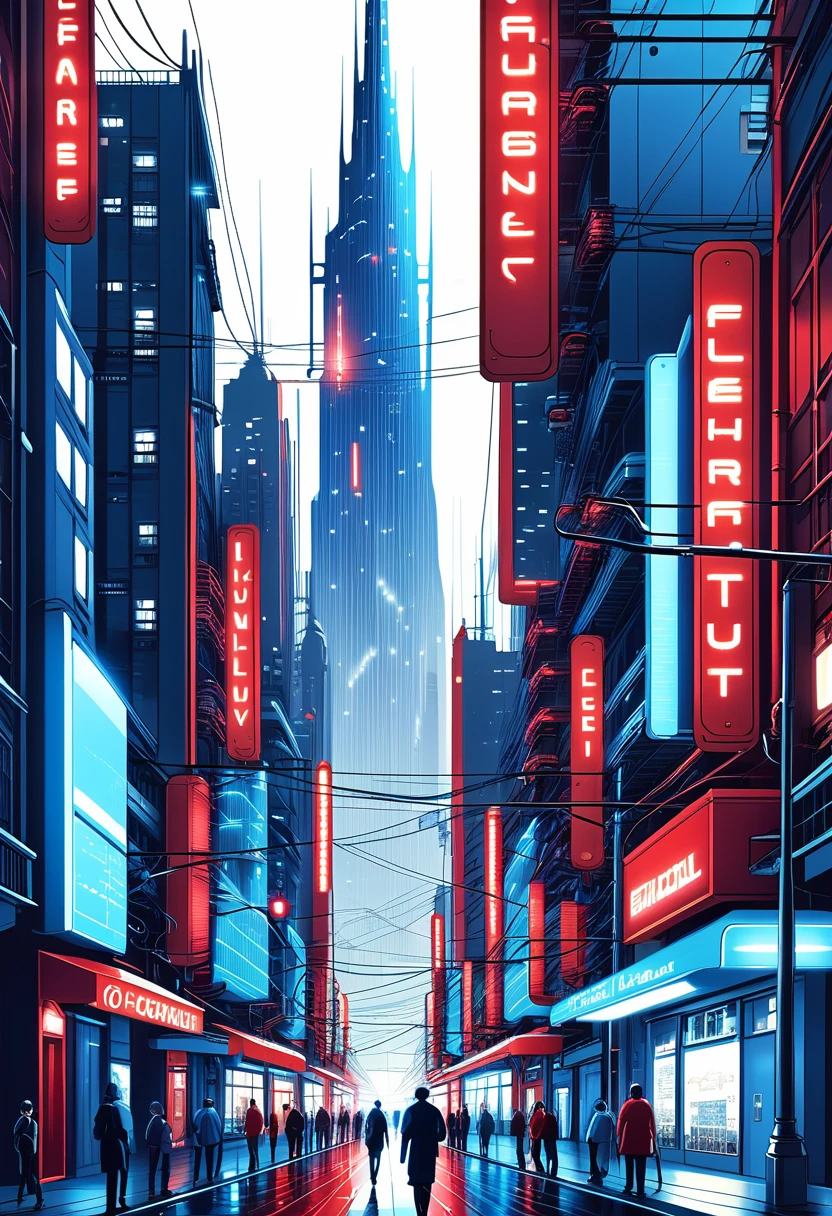 fantastic city, built from electrical networks, electric light, color blue and red