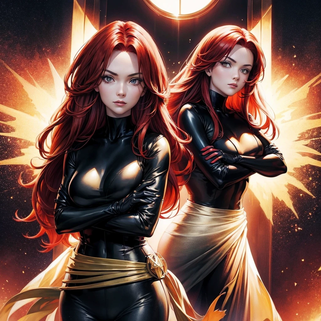 Beautiful female, anime style, red hair, military uniform, black leather clothing, black gloves, crossed arms