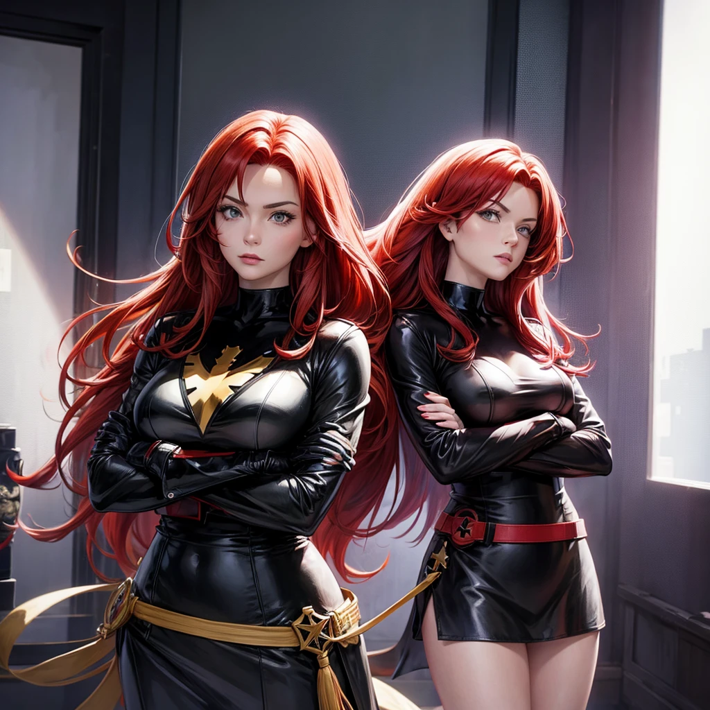 Beautiful female, anime style, red hair, military uniform, black leather clothing, black gloves, crossed arms
