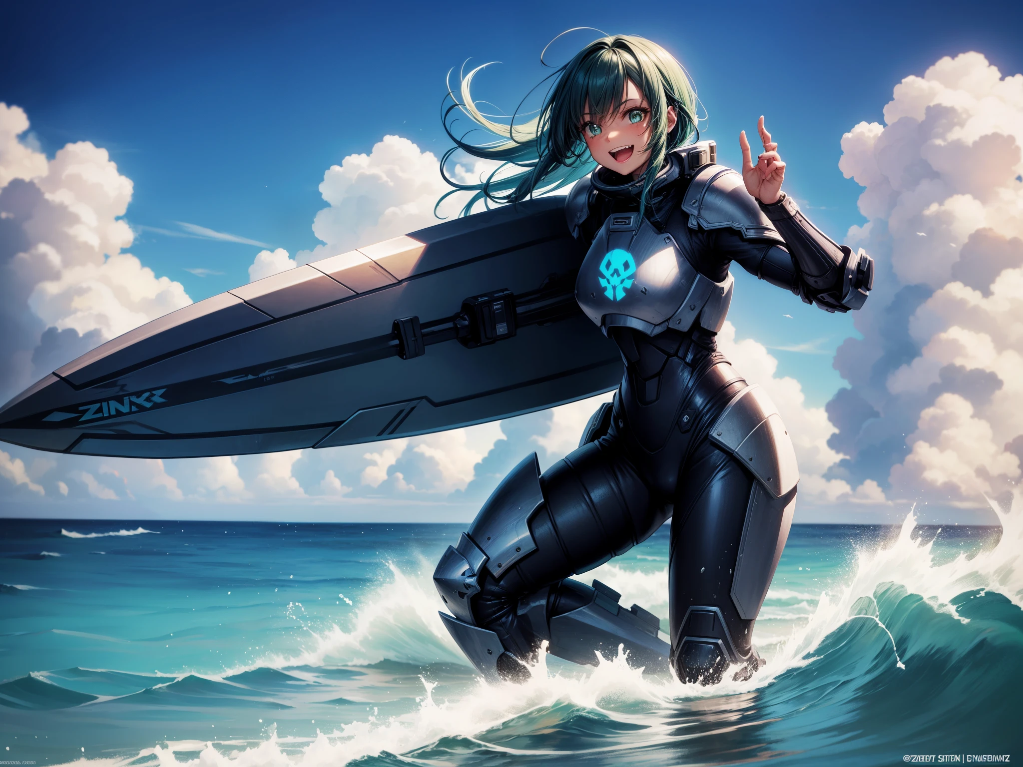 score_9, score_8_up, score_7_up, score_6_up, score_5_up, score_4_up, zdenka, 1girl, dark-skinned female, green eyes, long hair, blue hair, dreadlocks, happy expression, laughing, edgAdepta,wearing edgAdepta,power armor,shoulder armor,skull emblem, surfing,standing on a surfboard, outside, wave, embedding:pny-safe, embedding:fixl-art, embedding:zPDXL, high quality, high resolution