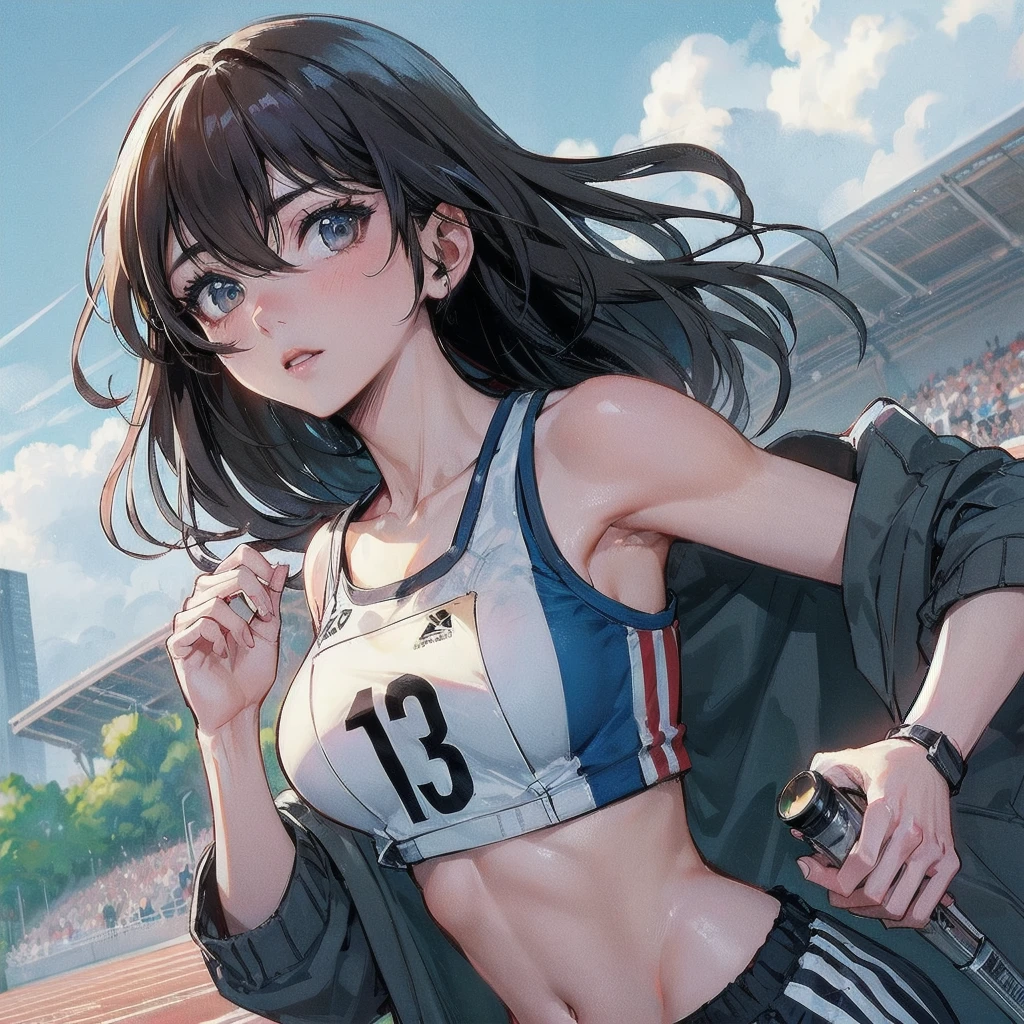  masterpiece, (textured skin), best quality, gorgeous beautiful girl, (a female track and field athlete), detailed clothes,large breasts,narrow waist,, (beautiful face), cinematic lighting, (at track and field ),