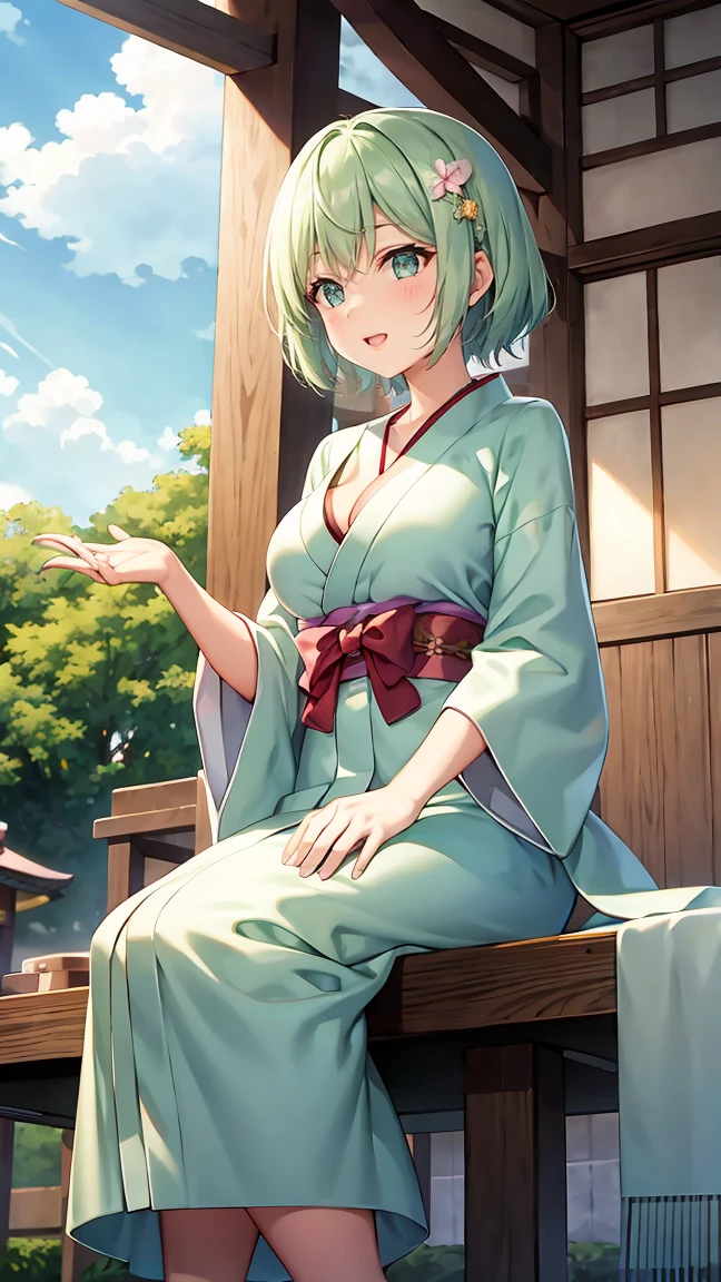 Girl with short green hair, Small breasts, Green Eyes, White Casual Wear Beauty Special、(((tits))),Full body photo from head to toe、Kimono、Patterned Japanese clothing、Cherry tree in full bloom、Fluttering petals、、Graceful Manners、Playing the shamisen、Playing in a Japanese-style room、play a sound、Japanese Instruments、Play a musical instrument