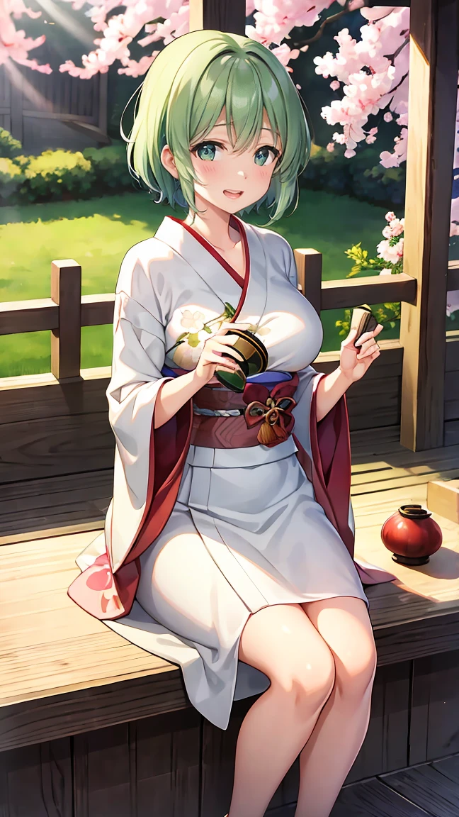 Girl with short green hair, Small breasts, Green Eyes, White Casual Wear Beauty Special、(((tits))),Full body photo from head to toe、Kimono、Patterned Japanese clothing、Cherry tree in full bloom、Fluttering petals、、Graceful Manners、Playing the shamisen、Playing in a Japanese-style room、play a sound、Japanese Instruments、Play a musical instrument
