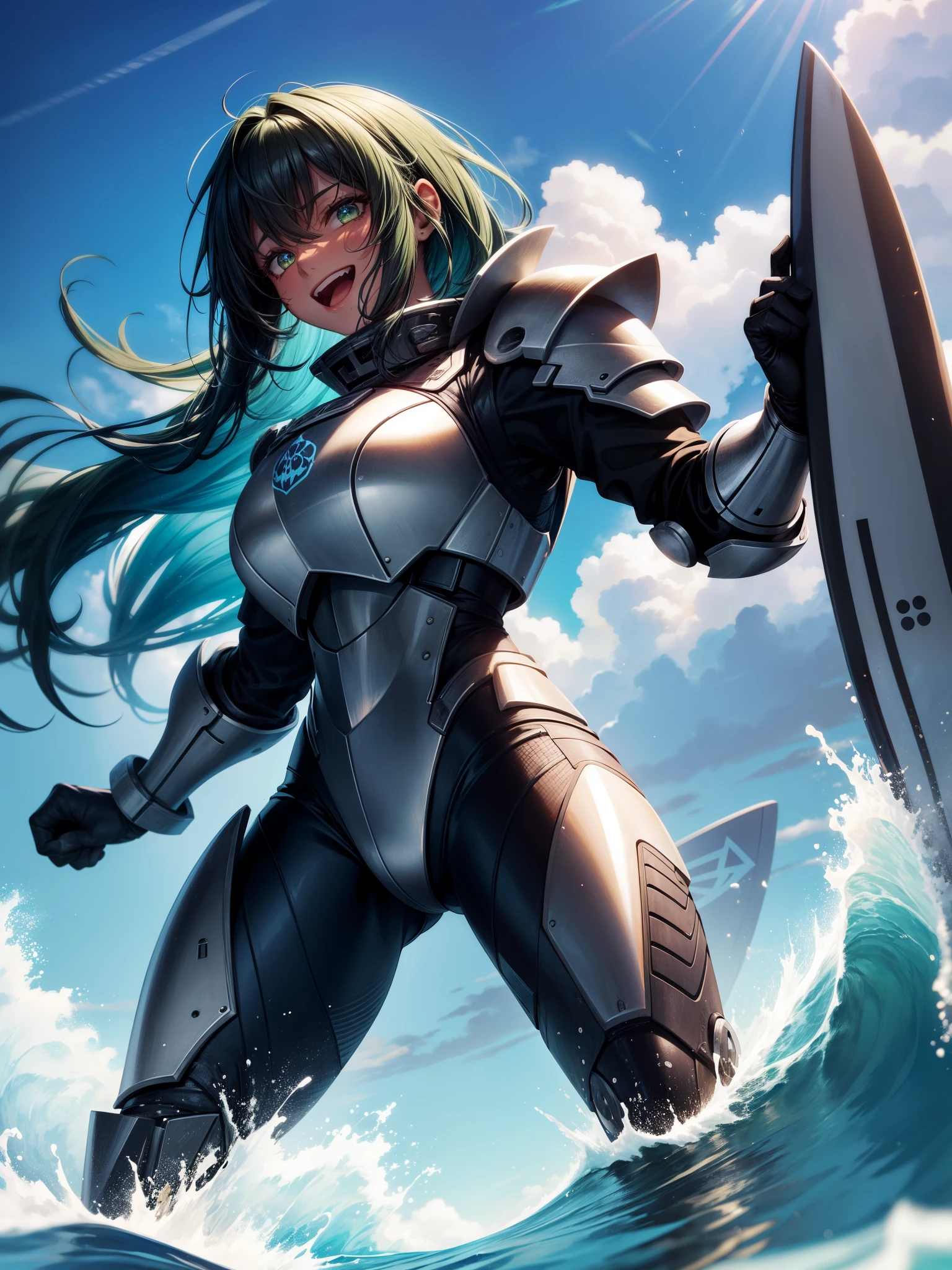 score_9, score_8_up, score_7_up, score_6_up, score_5_up, score_4_up, zdenka, 1girl, dark-skinned female, green eyes, long hair, blue hair, dreadlocks, happy expression, laughing, edgAdepta,wearing edgAdepta,power armor,shoulder armor,skull emblem, surfing,standing on a surfboard, outside, wave, embedding:pny-safe, embedding:fixl-art, embedding:zPDXL, high quality, high resolution