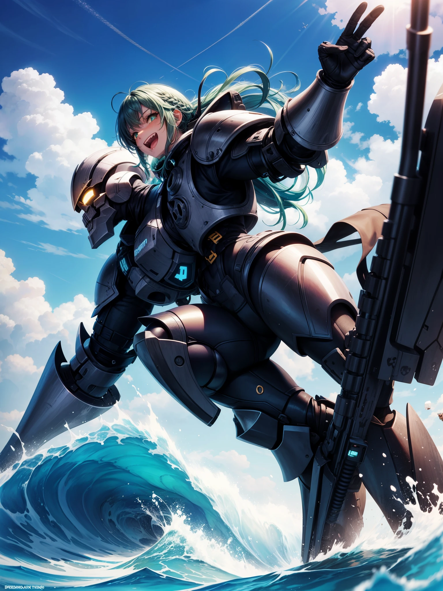 score_9, score_8_up, score_7_up, score_6_up, score_5_up, score_4_up, zdenka, 1girl, dark-skinned female, green eyes, long hair, blue hair, dreadlocks, happy expression, laughing, edgAdepta,wearing edgAdepta,power armor,shoulder armor,skull emblem, surfing,standing on a surfboard, outside, wave, embedding:pny-safe, embedding:fixl-art, embedding:zPDXL, high quality, high resolution
