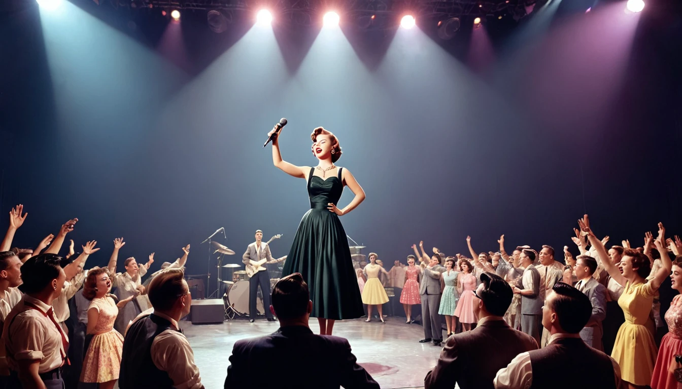 Rock singer on stage、Beautiful down to the smallest detail、8K、1950s、America