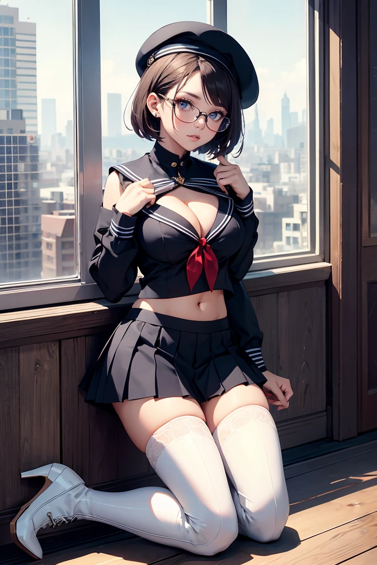 Best quality, Masterpiece, white thighboots, pleated skirt, sailor uniform, beret, glasses, short hair, medium breasts, cleavage, full body, city, high heels boots, navel