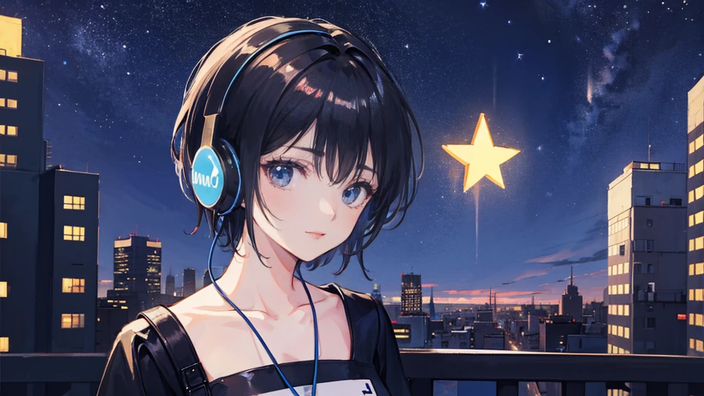 Black short Hair, Black Clothing, One Adult Woman Looking Sideways ,Blue headphones、 City of night, Delicate background、Masterpiece、Night Town、night、dark、Nostalgic、Starry Sky