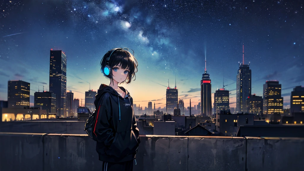 Black short Hair, Black Clothing, One Adult Woman Looking Sideways ,Blue headphones、 City of night, Delicate background、Masterpiece、Night Town、night、dark、Nostalgic、Starry Sky