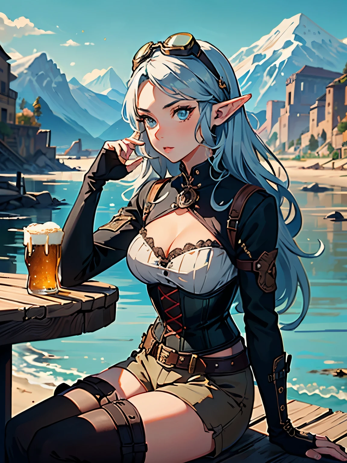 masterpiece, high quality, 1_woman, ((upper body)), ((sitting)), sitting in chair, (exotic skin_complexion:1.4), mature, (looking away from the viewer), (pouting face), tall, beautiful, exotic, with long elf ears, long hair, silver hair, detailed face, having diamond shaped eyes, blue eyes, (dark_eyeliner), long_eyelashes medium_bust, wearing Steampunk corset, chest window, (brown shorts), crossing belts, (goggles on head), long fingerless_gloves, belts with metal gears, black thigh highs with embroidery, knee boots with laces, dynamic lighting casts detailed shadow, riverside village, cafe, beer mug, mountains in distance, sunny day, 