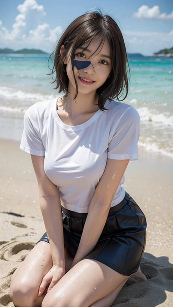 Highest quality、超A high resolution、(Photorealistic:1.5)、1 girl、Wet white t-shirt、My T-shirt got wet and my underwear was visible、Short skirt、Shortcuts、Bob、(Brown Hair:1.2)、(Big Breasts:1.2)、Whole Body Ezbian、Bad Eyes、Smile、With the beautiful sea in the background、Wet Skin、Wet Hair、Lying on the sand on the beach, (Fascinating), ((exciting: 1.5)), Girl sitting、