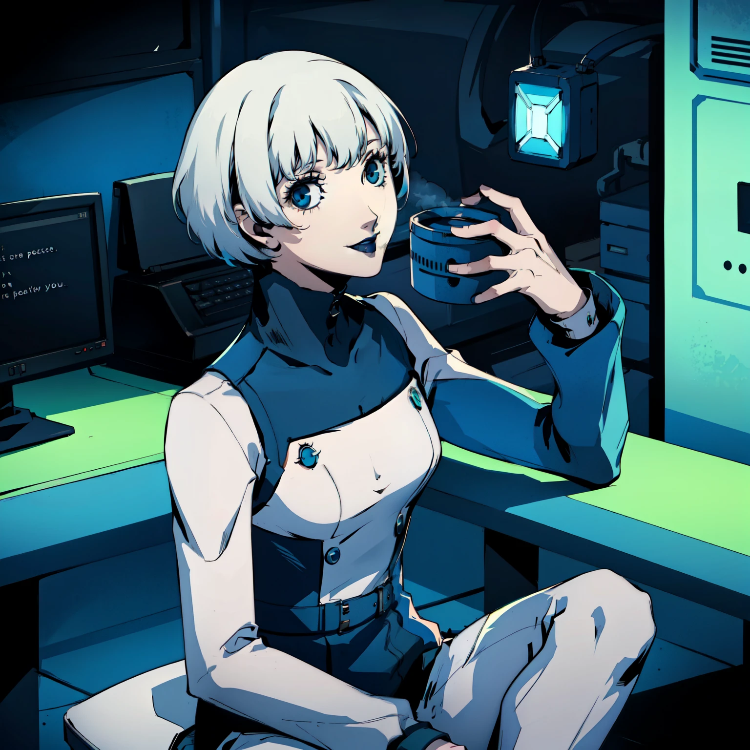 masterpiece, ((best quality)),((1 girl)), blue eyes, very Short hair, black lipstick, white hair, female , tomboy Pixie haircut, deep blue suit, white hair, white hair,smiling,hacker,in the,dark room,sitting,looking monitor,cute