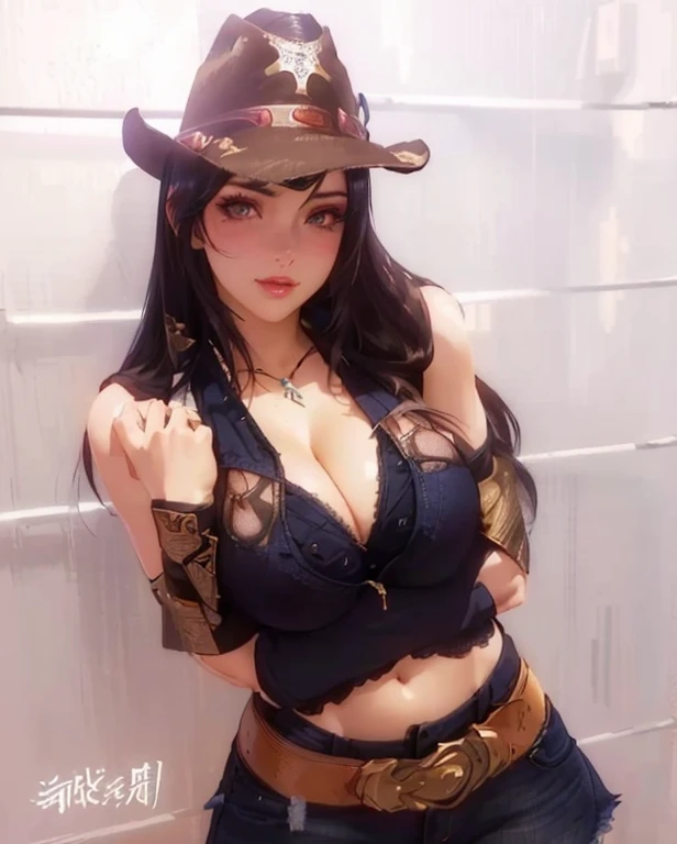 Complex 3D rendering of ultra-detailed beautiful porcelain contoured female face, , Integrated Circuit Parts, 150 mm, Beautiful studio soft lighting, rim Light, Vivid details, Luxury Cyberpunk, Lace, hyperactual, anatomy,((Full and soft breasts,)))(((Large Breasts))) (((Cleavage))) Wearing denim、Araffe wearing a hat poses for a photo, Cowboy girl, western Cowboy girl, 🐎🍑, Cowboy girl, Dress up as a western sheriff, Beautiful cowboy witch, female Cowboy girl, Tifa lockhart, Role Player, Tifa lockheart, ashe from overwatch, Tifa, Wearing a cowboy hat, The Old West, Denim style, Anime Girl Cosplay