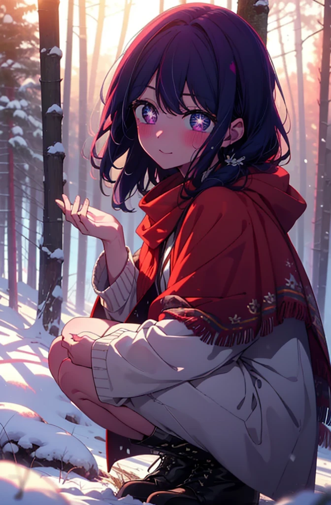 aihoshino, Ai Hoshino, Long Hair, bangs, (Purple eyes:1.1), Purple Hair, (Symbol-shaped pupil:1.5), smile,,smile,blush,White Breath,
Open your mouth,snow,Ground bonfire, Outdoor, boots, snowing, From the side, wood, suitcase, Cape, Blurred, , forest, White handbag, nature,  Squat, Mouth closed, Cape, winter, Written boundary depth, Black shoes, red Cape break looking at viewer, Upper Body, whole body, break Outdoor, forest, nature, break (masterpiece:1.2), Highest quality, High resolution, unity 8k wallpaper, (shape:0.8), (Beautiful and beautiful eyes:1.6), Highly detailed face, Perfect lighting, Highly detailed CG, (Perfect hands, Perfect Anatomy),