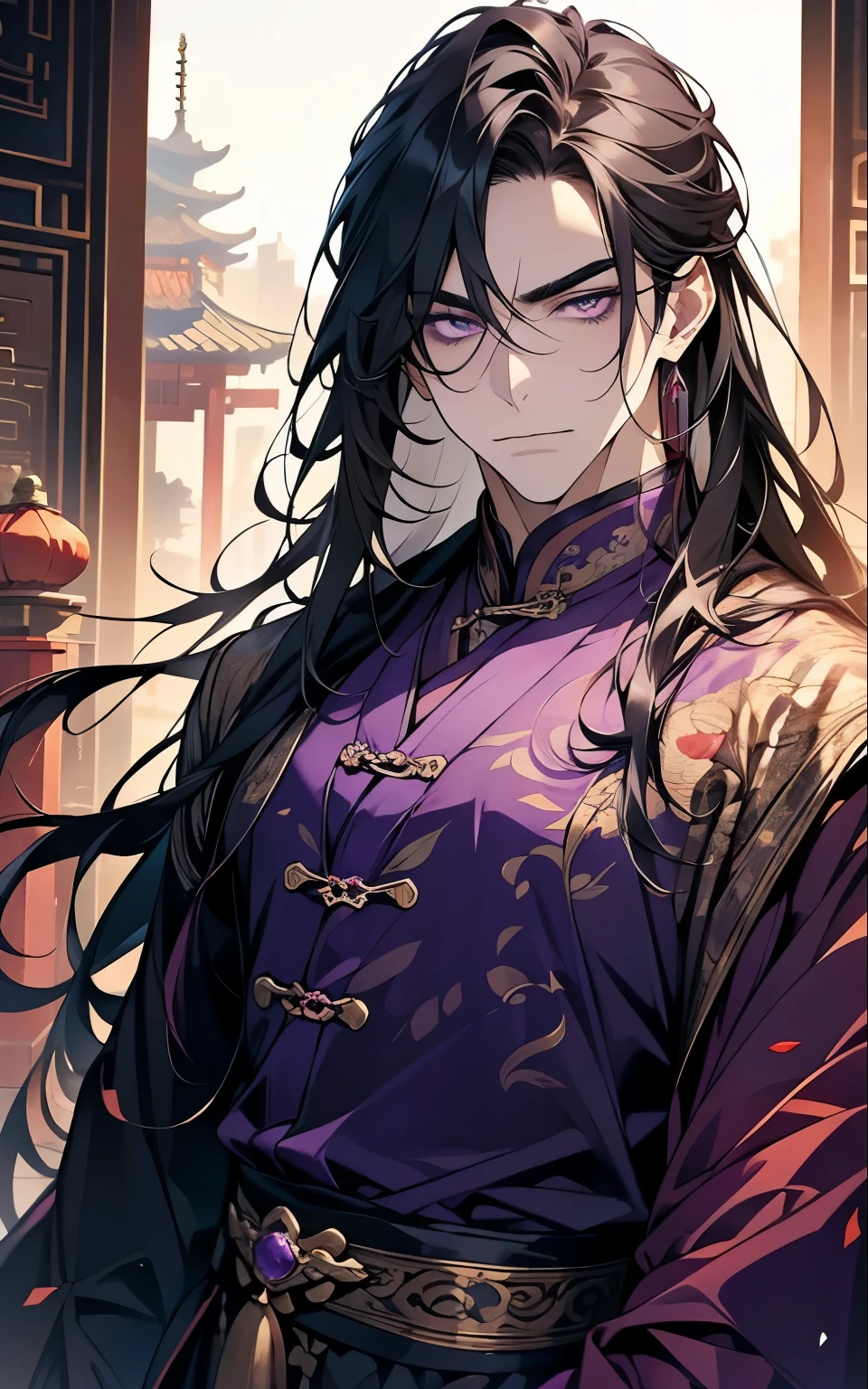 1 middle-aged man, (45 years old), long black hair, violet eyes, chinese clothes, (!PURPLE! clothes), available at purple chinese room, portrait