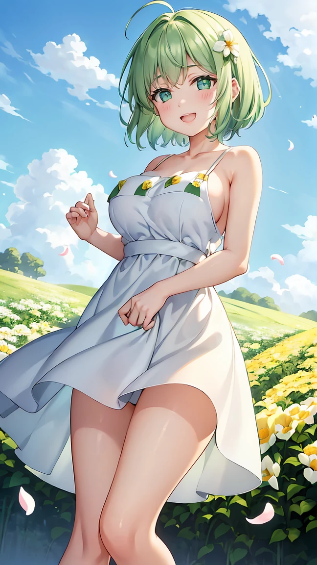 Girl with short green hair, Small size breasts, Small breasts、Green Eyes, White Casual Wear Beauty Special、(((tits))),Full body shot from head to toe、White dress、Colorful flower fields、Fluttering petals、A big smile when looking at the flowers、Uplifting、Swaying in the Wind、Gusts from bottom to top、Panty shot、Happenings