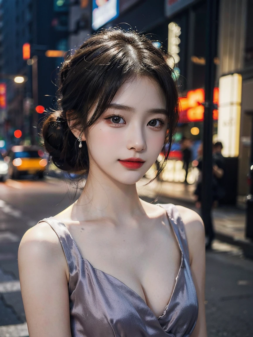 1girl, (looking at viewer:1.2), detail face, (a girl standing, rending on cgsociety, black shadows, streaming, new york backdrop), romanticism, atmospheric, (RAW photo, best quality), (realistic, photo-realistic:1.3), masterpiece, an extremely delicate and beautiful, extremely detailed,Hair in a bun,Wear delicate earrings, D cup,Cleavage,Semi-transparent deep V silk dress1.5,Exquisite eye details,Shy smile 1.5,