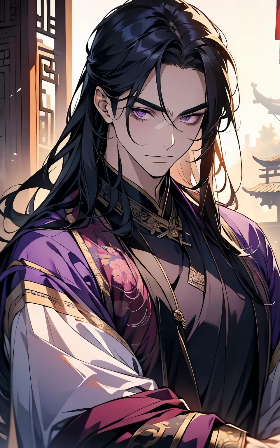 1 middle-aged man, (45 years old), long black hair, violet eyes, chinese clothes, (!PURPLE! clothes), available at purple chinese room, portrait