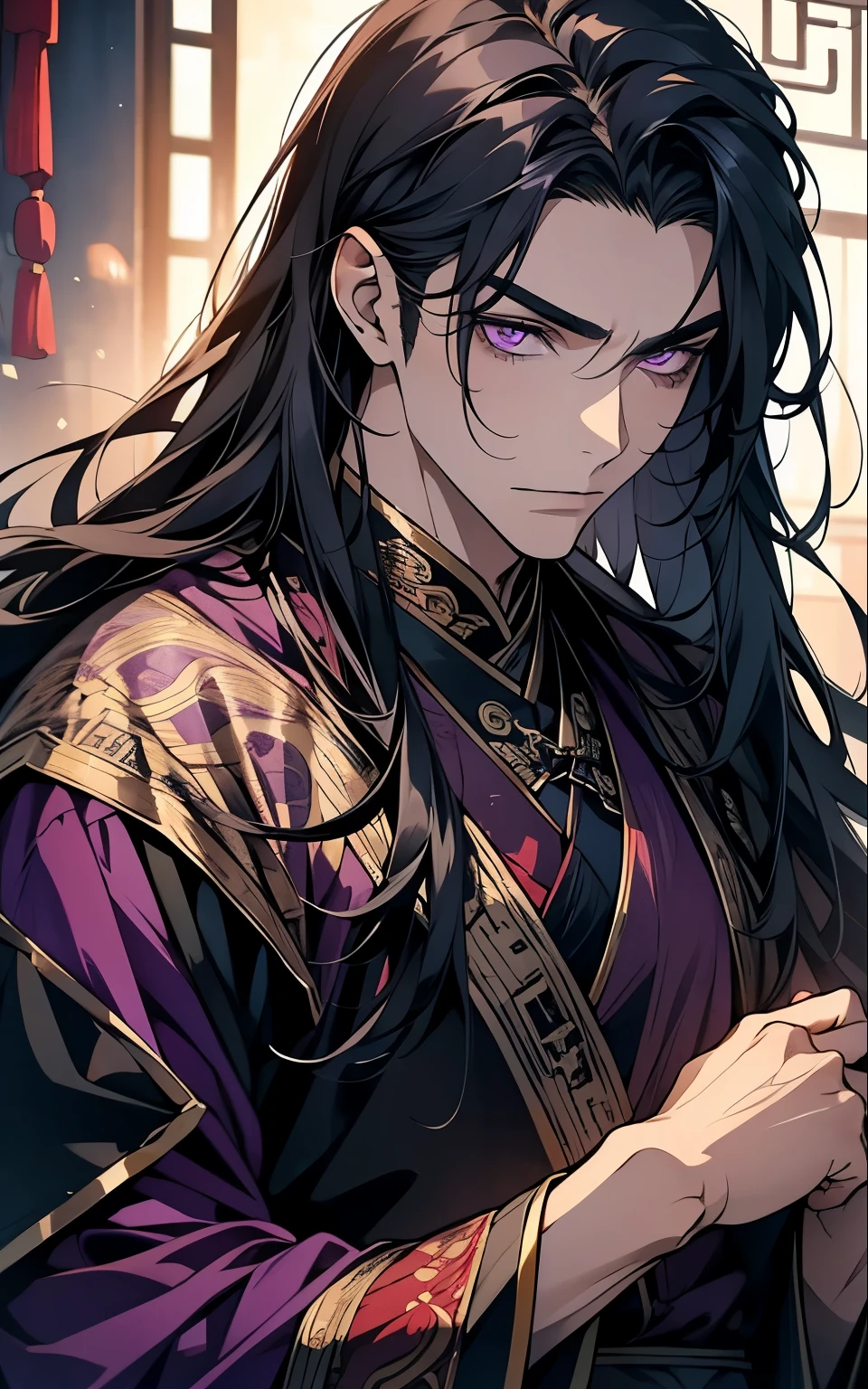 1 middle-aged man, (45 years old), long black hair, violet eyes, chinese clothes, (!PURPLE! clothes), available at purple chinese room, portrait