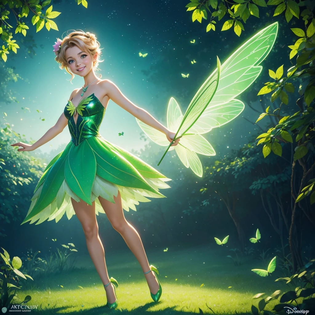 Create a Disney-style Tinker Bell Fairy with a green leaf dress. Fluorescent wings. Flying. Turn it into a Disney - Pixar style cartoon illustration. Background with nothing, open eyes, smile, perfectly centered!! full body portrait, cinematic lighting, raking, artgerm painting.
