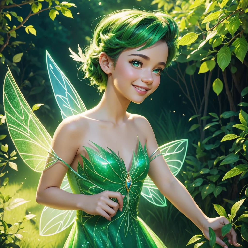 Create a Disney-style Tinker Bell Fairy with a green leaf dress. Fluorescent wings. Flying. Turn it into a Disney - Pixar style cartoon illustration. Background with nothing, open eyes, smile, perfectly centered!! full body portrait, cinematic lighting, raking, artgerm painting.