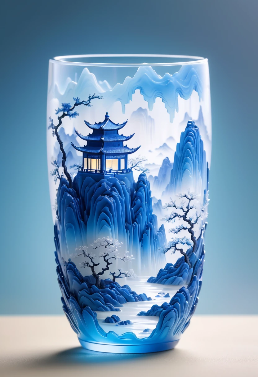 Micro landscape design carved on the milk tea cup，Translucent glass material,Blue-white gradient,Traditional Chinese landscape painting,Abstract shapes,Minimalism,Cave，Inner Glow，,3d