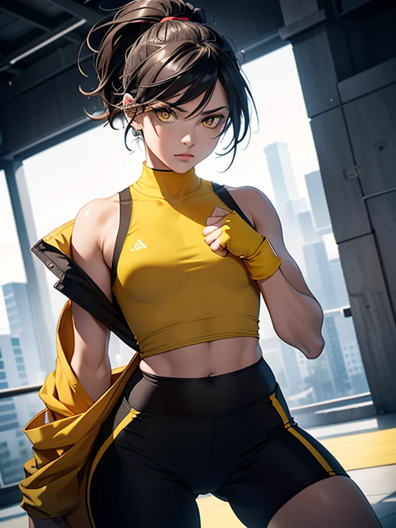 Furious Female boxer lifting the hands in clinch posture, yellow glowing eyes, yellow eyes, short hair wearing boxing gloves, punching the camera, makeup, mascara, Lips are subdued or  colors, Minimalism, monotone, simple color palettes, Clean, sharp designs, flowing silhouettes, sports clothes, fighting clothes, high-waisted short, simple dresses, shirts, pants and blouses, asymmetrical, geometric, Elegant and luxurious materials and designs, Simple, minimal accessories, Distinctive designs, simple silhouettes, chic and mature impression, simple and sophisticated style, elegance, minimalism, high quality materials, cool and urban impression, high fashion, , simplicity and sophistication,