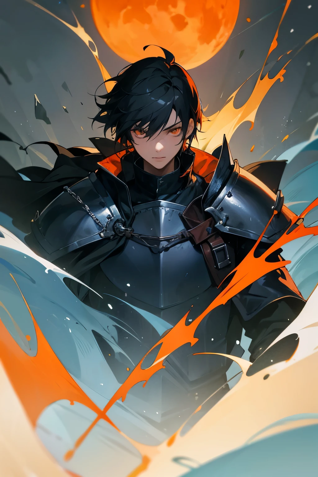 orange eye,portrait,Black hair ,youngboy,Middle Ages,sad,25 age,middle ages jacket armor,final fantasy,knigth,ice land backgornd