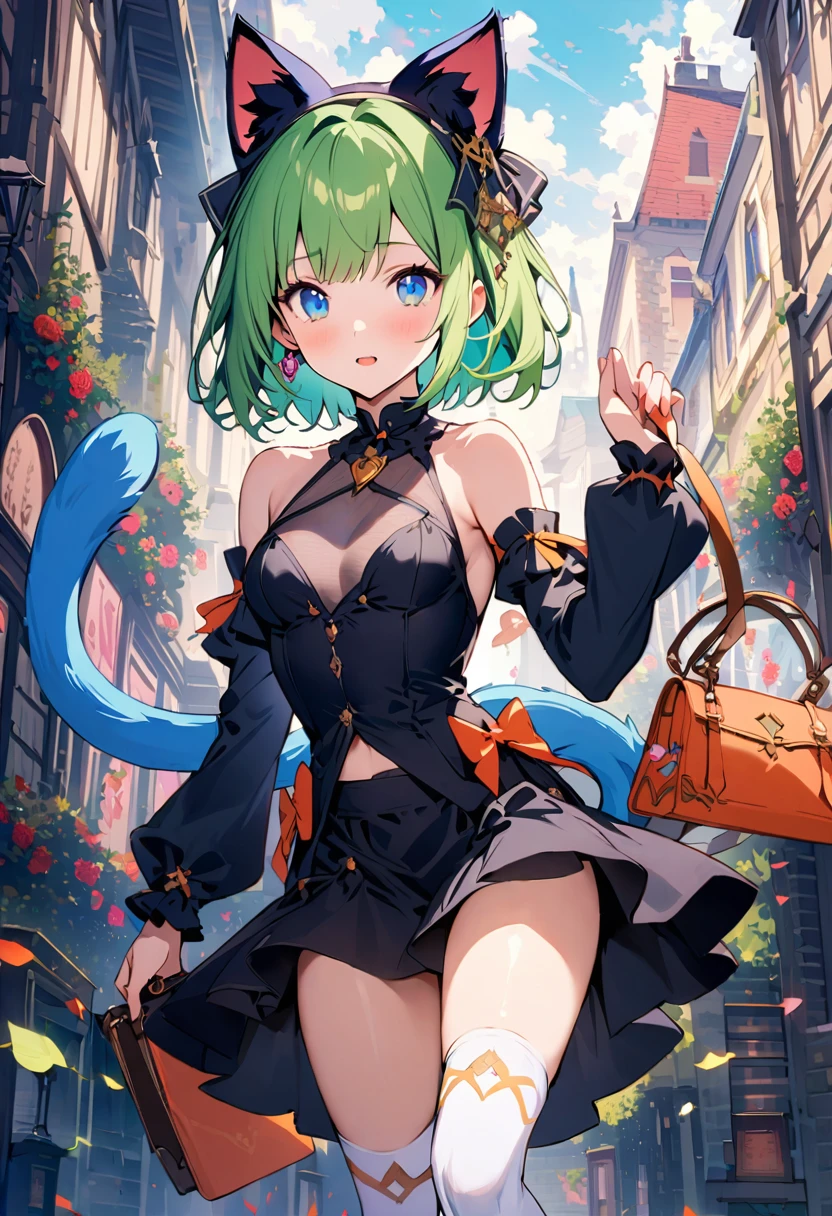 masterpiece, Highest quality, Illustrations for novels, High resolution, 18+ Adult content, Sensual, Intimate, Emotional, Passionate, romantic, sweet, Adorable, Innocent, Pure, Enchanting, Enchantingな, attractive, mysterious, Enchantingな, Enchanting, Immersive, Enchantingな, dream-like, Surreal, Imaginative, Whimsical, Artistic, Avant-garde, timeless, elegant, Sophisticated, chic, Sophisticated, Individuality, original, Enchantingな,One girl,Deltamon_beta, alone, blue eyes, Knee socks, Animal ears, Bare shoulders, Blue Tail, Earrings,Removable sleeves, Green Hair, No sleeve, Cat ear, bag, white Knee socks, Cat's Tail,pink backpack,Pink school bag,Lavender lace: Lavender Peter Pan collar lace dress, Paired with ivory tights and Mary Jane shoes.,Cherry-blossom viewing, azalea, satsuki, azalea blizzard, rest ((Avoidance method ((kitten:1.3)), Evening Dress,evening dress,Evening Dresses:1.3))、Upper Body, alone,Are standing_Split,