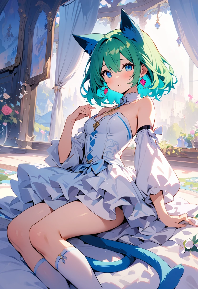 masterpiece, Highest quality, Illustrations for novels, High resolution, 18+ Adult content, Sensual, Intimate, Emotional, Passionate, romantic, sweet, Adorable, Innocent, Pure, Enchanting, Enchantingな, attractive, mysterious, Enchantingな, Enchanting, Immersive, Enchantingな, dream-like, Surreal, Imaginative, Whimsical, Artistic, Avant-garde, timeless, elegant, Sophisticated, chic, Sophisticated, Individuality, original, Enchantingな,One girl,Deltamon_beta, alone, blue eyes, Knee socks, Animal ears, Bare shoulders, Blue Tail, Earrings,Removable sleeves, Green Hair, No sleeve, Cat ear, bag, white Knee socks, Cat's Tail,pink backpack,Pink school bag,Lavender lace: Lavender Peter Pan collar lace dress, Paired with ivory tights and Mary Jane shoes.,Cherry-blossom viewing, azalea, satsuki, azalea blizzard, rest ((Avoidance method ((kitten:1.3)), Evening Dress,evening dress,Evening Dresses:1.3))、Upper Body, alone,Are standing_Split,