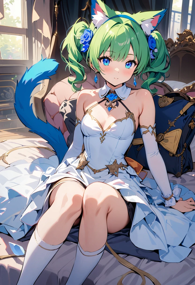 masterpiece, Highest quality, Illustrations for novels, High resolution, 18+ Adult content, Sensual, Intimate, Emotional, Passionate, romantic, sweet, Adorable, Innocent, Pure, Enchanting, Enchantingな, attractive, mysterious, Enchantingな, Enchanting, Immersive, Enchantingな, dream-like, Surreal, Imaginative, Whimsical, Artistic, Avant-garde, timeless, elegant, Sophisticated, chic, Sophisticated, Individuality, original, Enchantingな,One girl,Deltamon_beta, alone, blue eyes, Knee socks, Animal ears, Bare shoulders, Blue Tail, Earrings,Removable sleeves, Green Hair, No sleeve, Cat ear, bag, white Knee socks, Cat's Tail,pink backpack,Pink school bag,Lavender lace: Lavender Peter Pan collar lace dress, Paired with ivory tights and Mary Jane shoes.,Cherry-blossom viewing, azalea, satsuki, azalea blizzard, rest ((Avoidance method ((kitten:1.3)), Evening Dress,evening dress,Evening Dresses:1.3))、Upper Body, alone,Are standing_Split,